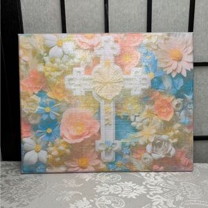🔵 #2 Floral Coral and Blue Cross Canvas Art Handmade